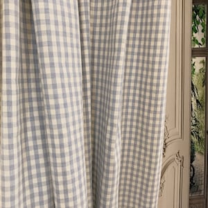 Modern Vintage Light Blue Tiny Gingham Check Curtain with Ivory Background Cotton Drapery Panel 55 Width Various Lengths Custom Drapes
