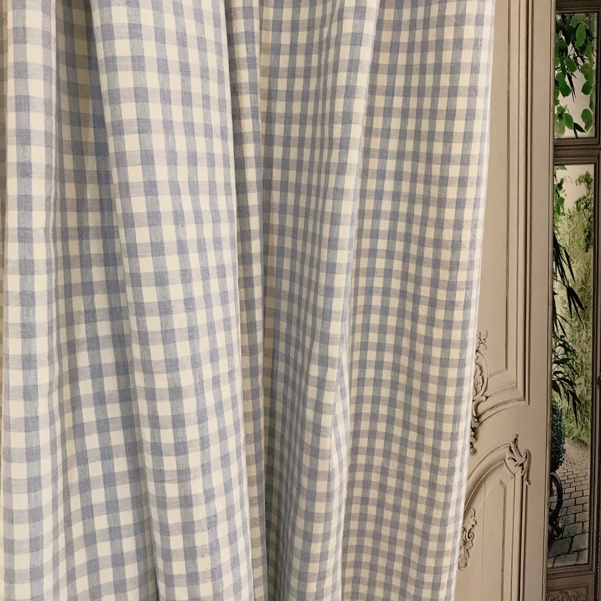 Modern Vintage Light Blue Tiny Gingham Check Curtain with Ivory Background Cotton Drapery Panel 55 Width Various Lengths Custom Drapes