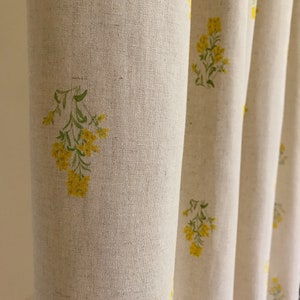 Modern Vintage Lemon Yellow Sage Green Floral Pattern Washed Linen Cotton Curtain Natural Beige Background Drapery 53 Width Various Lengths