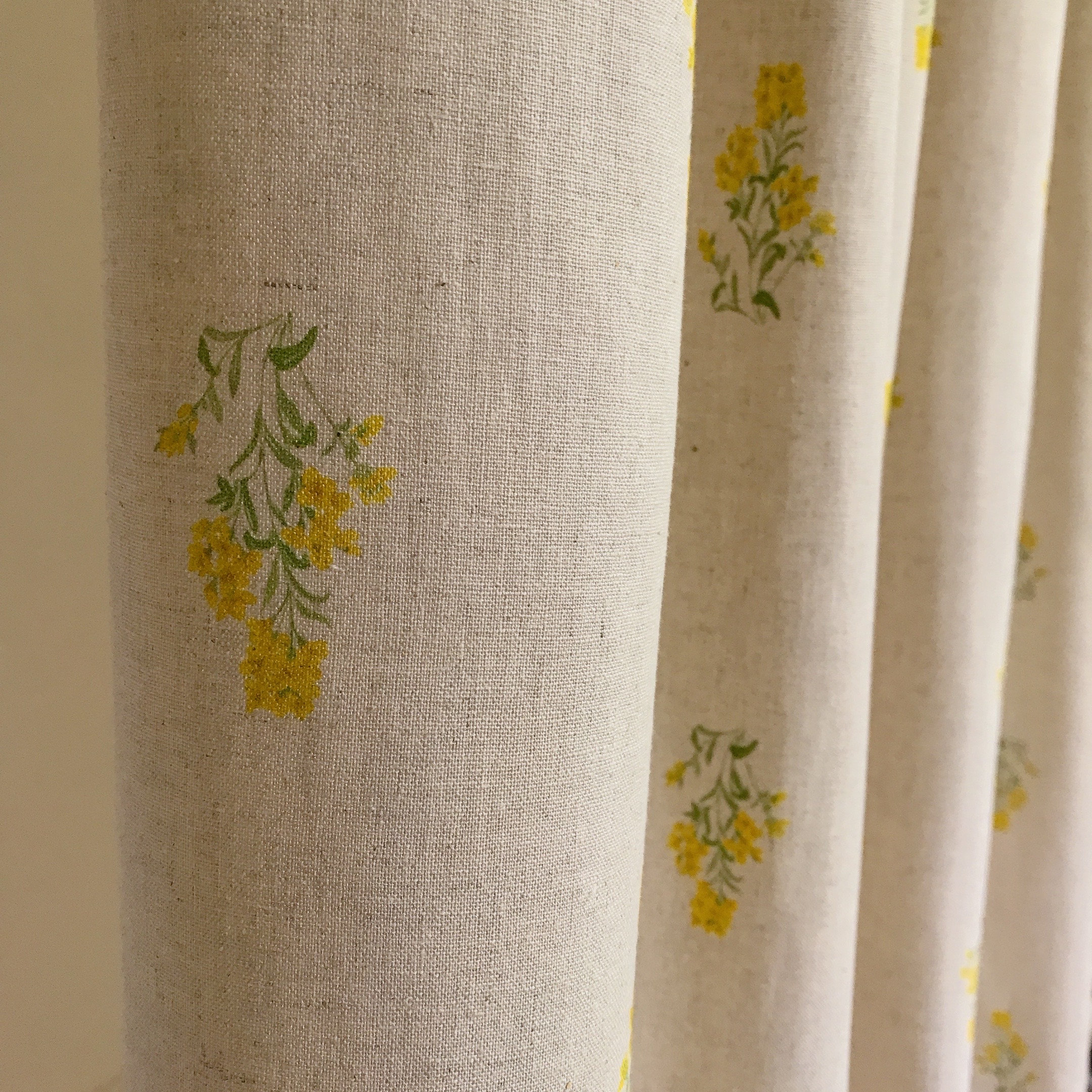 Modern Vintage Lemon Yellow Sage Green Floral Pattern Washed Linen Cotton Curtain Natural Beige Background Drapery 53 Width Various Lengths