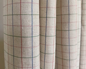 Modern Vintage Olive Burgundy Pink Check Plaid Curtain Washed Linen Cotton Natural Beige Background Custom Drapery 53 Width Various Length