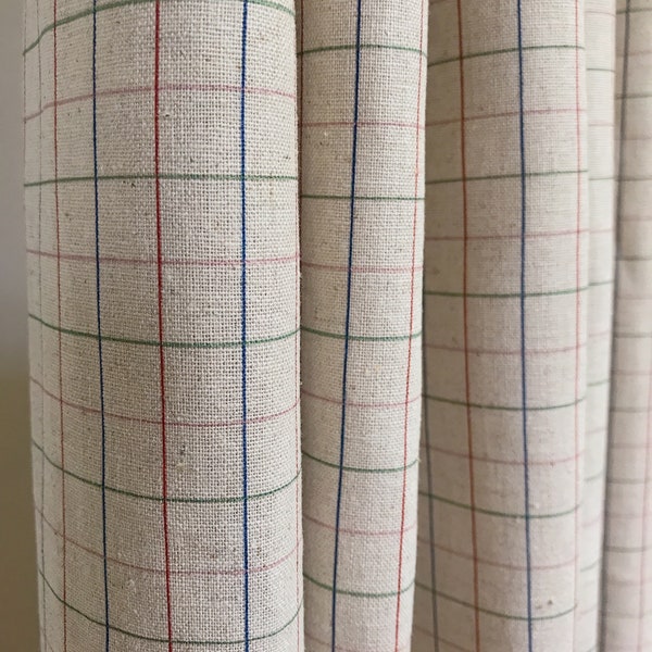 Modern Vintage Olive Burgundy Pink Check Plaid Curtain Washed Linen Cotton Natural Beige Background Custom Drapery 53 Width Various Length