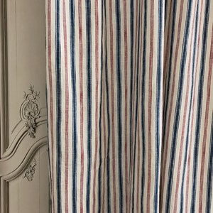 Modern Vintage Red Blue Striped Linen Curtain Natural White Background Drapery Panel 52 Width Various Lengths Custom Drape