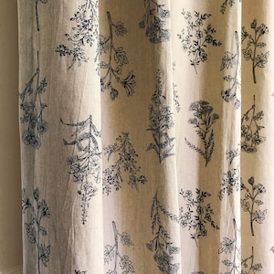 Modern Vintage Navy Blue Botanical Washed Linen Cotton Curtain Oatmeal Natural Beige Background Panel 53 Width Various Lengths Custom Drapes