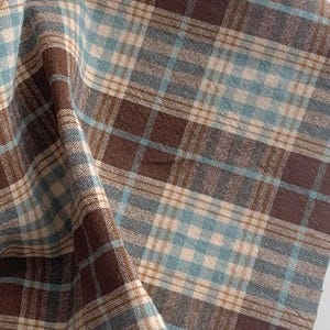 Modern Vintage Blue Deep Brown Tartan Plaid Check Curtain with Natural Beige Background Cotton Drapery 39Width Various Lengths Custom Drapes