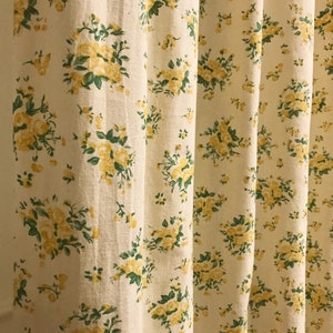 Modern Vintage Yellow Roses Pattern Washed Cotton Curtain Natural Beige Background Drapery Panel 53 Width Various Lengths Custom Drapes