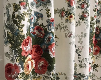 Modern Vintage Rose Floral Pattern Washed Linen Cotton Curtain Ivory Background Drapery Panel 53 Width Various Lengths Custom Drapes