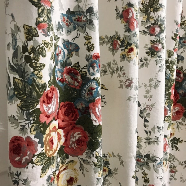 Modern Vintage Rose Floral Pattern Washed Linen Cotton Curtain Ivory Background Drapery Panel 53 Width Various Lengths Custom Drapes