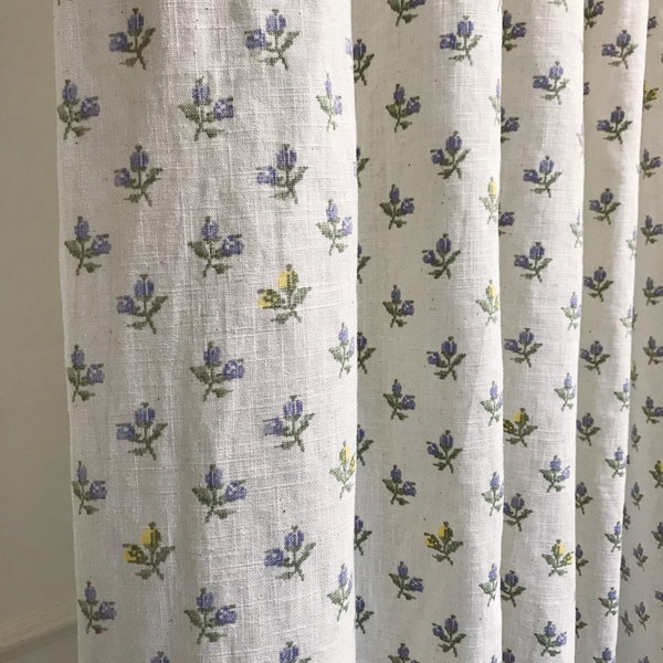 Modern Vintage Purple Floral Pattern Washed Linen Cotton Curtain Off White Background Drapery Panel 52 Width Various Lengths Custom Drapes