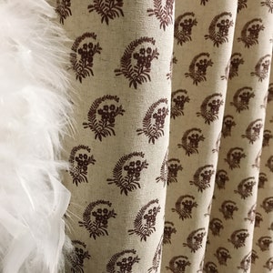 Modern Vintage Brown Floral Leaves Pattern Washed Linen Cotton Curtain Natural Beige Background Drapery Panel 53Width Various Custom Lengths