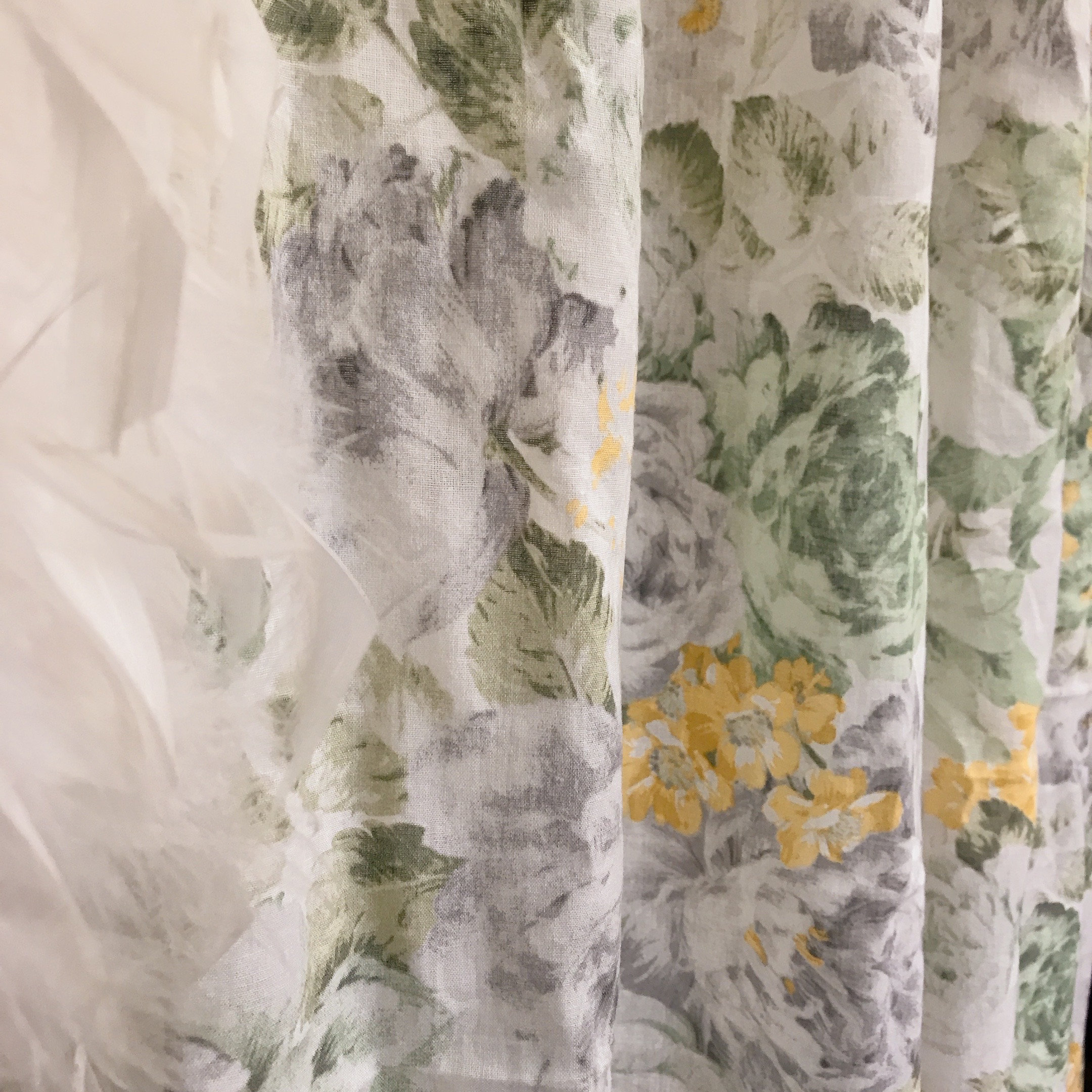 Modern Vintage Light Grey Bold Floral Pattern Washed Linen Cotton Curtain White Background Drapery 53 Width Various Lengths Custom Drapes