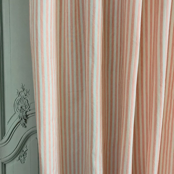 Modern Vintage Faded Light Coral Pink Striped Curtain with Ivory Background Cotton Drapery Panel 55 Width Various Lengths Custom Drapes