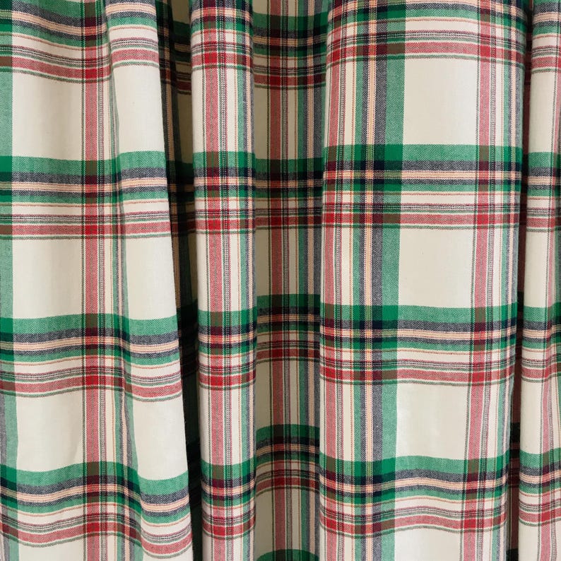 Modern Vintage Green Red Indigo Blue Plaid Check Blushed Curtain Ivory