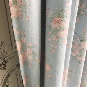 Modern Vintage Light Peach Baby Pink Floral Pattern Washed Linen Cotton Curtain Light Blue Background Drapery 53Width Various Custom Lengths