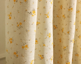 Modern Vintage Pale Orange Yellow Floral Pattern Washed Cotton Curtain Natural Beige Background Drapery 53Width Various Lengths Custom Drape