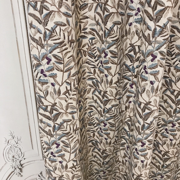 Modern Vintage Brown Light Ink Blue Leaves Pattern Linen Cotton Curtain Natural Beige Background Custom Drapery 53 Width Various Lengths