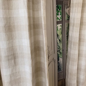 Modern Vintage Beige Tartan Plaid Pattern Linen Curtain Drapery Panel 55 Width Various Lengths Custom Drapes