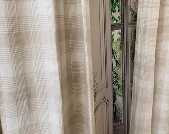 Modern Vintage Beige Tartan Plaid Pattern Linen Curtain Drapery Panel 55 Width Various Lengths Custom Drapes