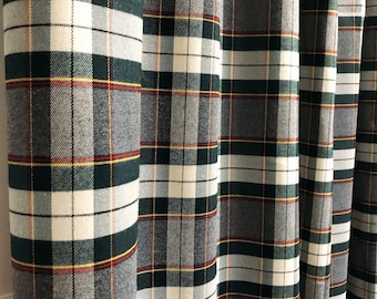 Modern Vintage Grey Dark Green Tartan Plaid Pattern Curtain Brushed Cotton Drapery Panel 53 Width Various Lengths Custom Drapes