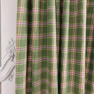 Modern Vintage Baby Pink Lemon Tartan Check Plaid Blushed Curtain Olive Background Drapery Panel 53 Width Various Lengths Custom Drapes