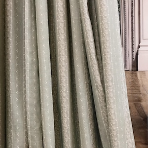 Modern Vintage Natural Beige Vertical Tiny Floral Linen Cotton Curtain Dark Mint Background Drapery Panel 53 Width Various Custom Lengths