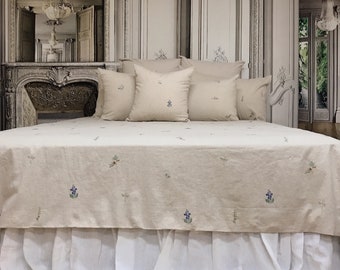 Modern Vintage Subtle Botanical Pattern Washed Linen Cotton Natural Beige Background Duvet Cover Twin Queen Full King CalKing Various Sizes