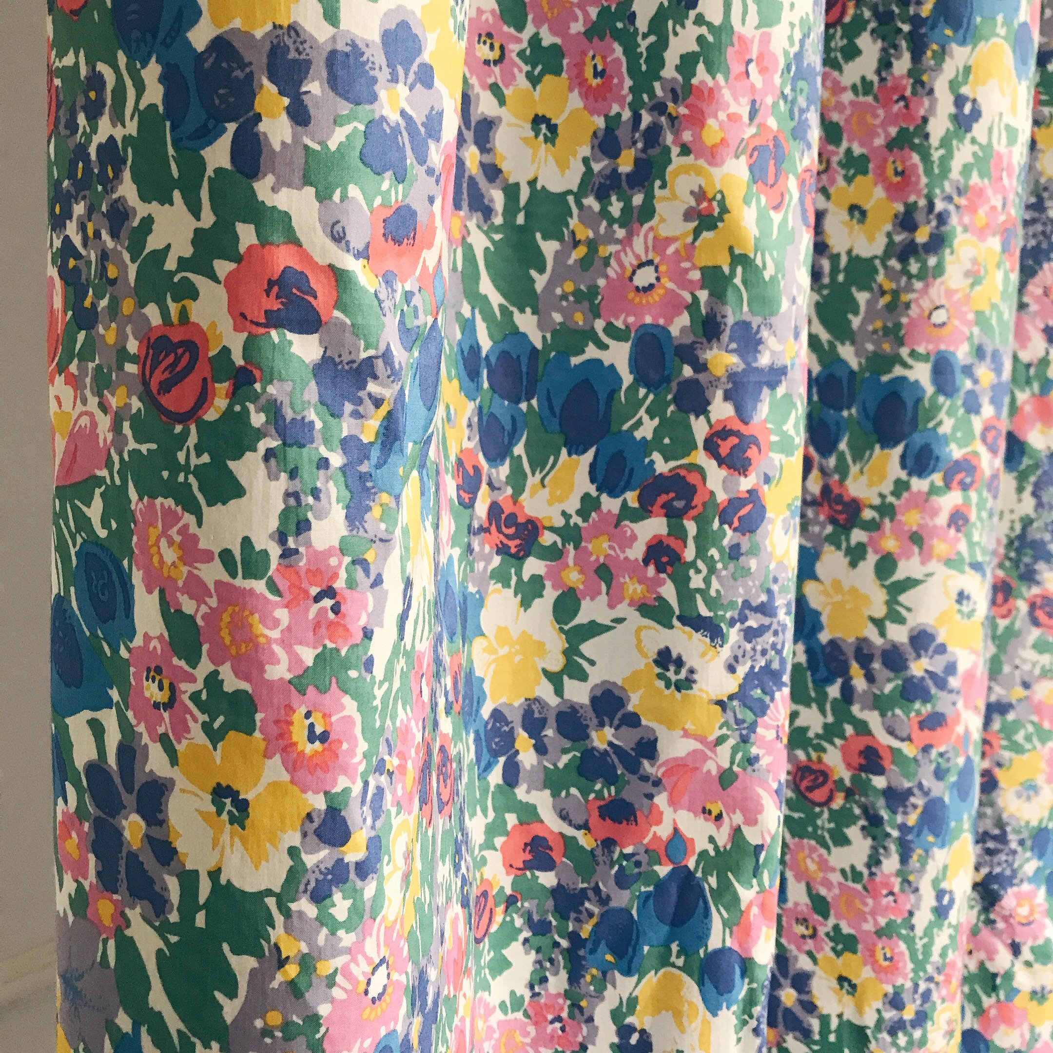 Vivid Blue and Multi-color Floral Pattern Cotton Curtain Drapery Panel 53 Width Various Lengths Custom Drapes
