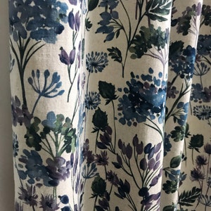 Modern Vintage Purple Blue Floral Pattern Linen Cotton Curtain Natural Beige Background Drapery Panel 53 Width Various Lengths Custom Drapes