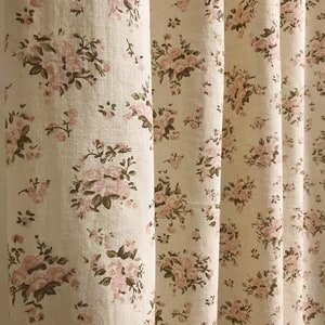 Modern Vintage Pink Roses Pattern Washed Cotton Curtain Natural Beige Background Drapery Panel 53 Width Various Lengths Custom Drapes