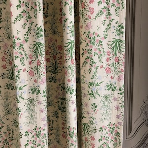 Modern Vintage Pink Pale Mint Floral Pattern Washed Linen Cotton Curtain Pale Buttercup Beige Background Drapery 53 Width Various Lengths