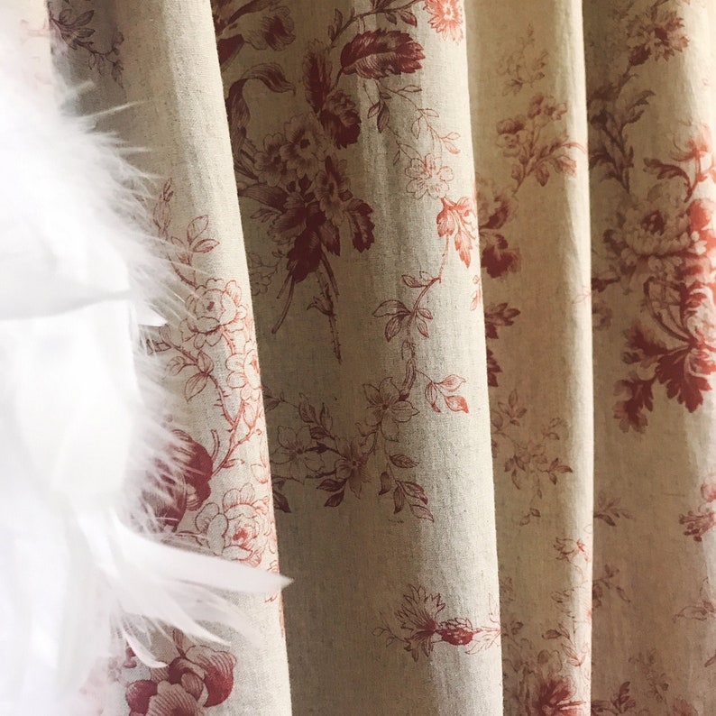 Modern Vintage Red Floral Pattern Bio Washed Linen Cotton Curtain Raw Natural Linen Background Drapery Panel 53 Width Various Custom Lengths image 7