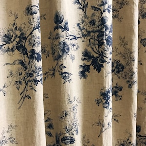 Modern Vintage Navy Blue Floral Pattern Washed Linen Cotton Curtain Raw Natural Linen Background Drapery Panel 53 inch Width Various Lengths