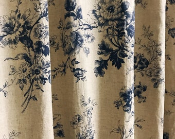 Modern Vintage Navy Blue Floral Pattern Washed Linen Cotton Curtain Raw Natural Linen Background Drapery Panel 53 inch Width Various Lengths