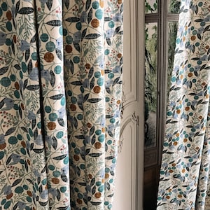 Modern Vintage Teal Cherry Blossom Pattern Washed Linen Cotton Curtain Raw Natural Linen Background Custom Drapery 53 Width Various Lengths