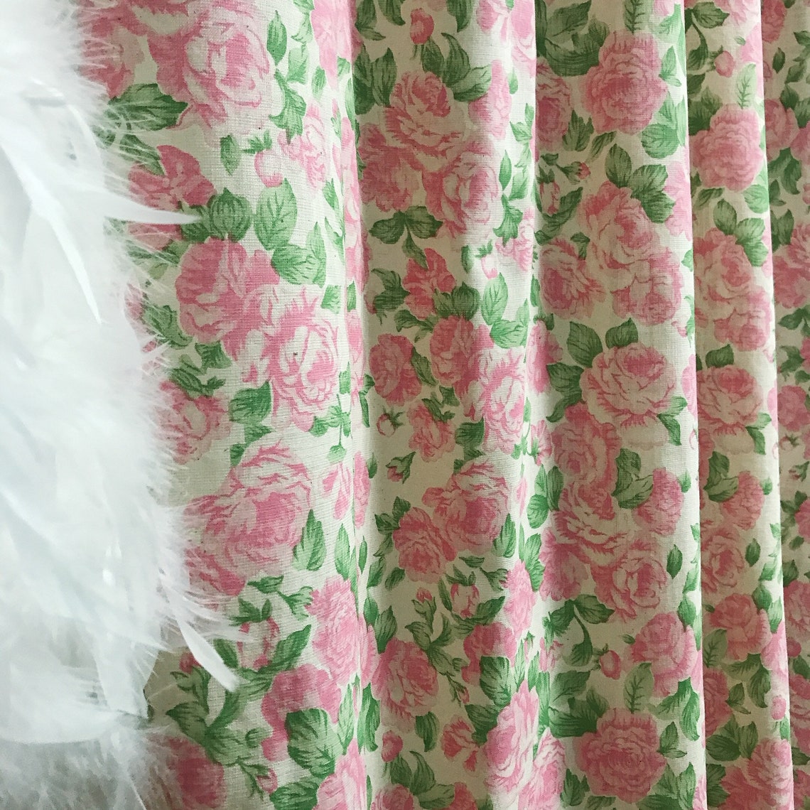 Vintage Pink Roses Pattern Washed Cotton Curtain Natural Beige Etsy