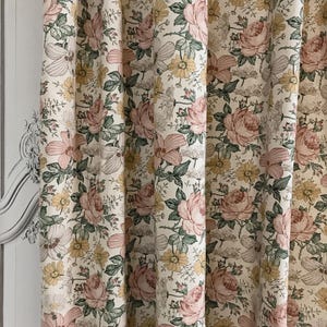 Modern Vintage Muted Soft Pink Floral Pattern Linen Cotton Curtain Oatmeal Tan Beige Background Drapery 53Width Various Lengths Custom Drape