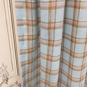 Modern Vintage Khaki Tartan Plaid Pattern Linen Curtain Light Blue Background Checked Drapery Panel  55 Width Various Lengths Custom Drapes