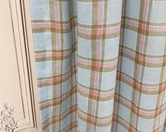 Modern Vintage Khaki Tartan Plaid Pattern Linen Curtain Light Blue Background Checked Drapery Panel  55 Width Various Lengths Custom Drapes