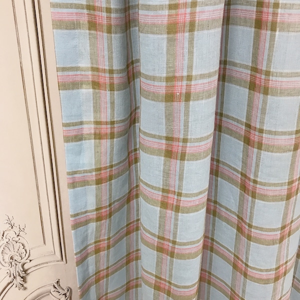 Modern Vintage Khaki Tartan Plaid Pattern Linen Curtain Light Blue Background Checked Drapery Panel  55 Width Various Lengths Custom Drapes