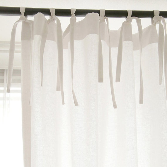 White Ribbon Tie Top Linen Curtain