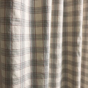 Modern Vintage Brown Pink Mint Check Plaid Curtain Washed Cotton Natural Beige Background Drapery 60 Width Various Lengths Custom Drapes