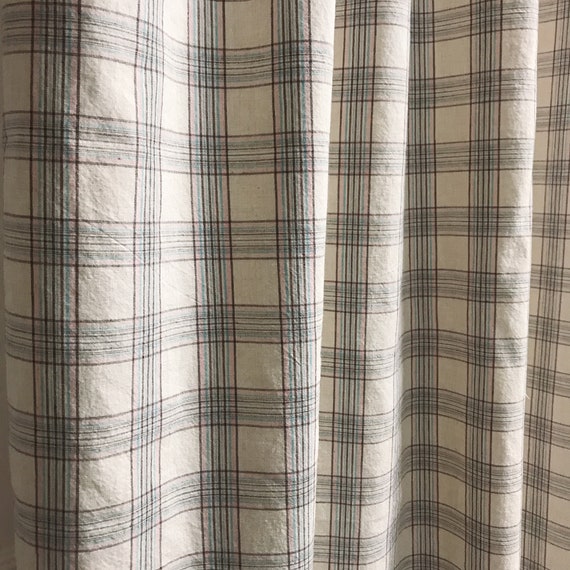 Brown Pink Mint Check Plaid Curtain Washed Cotton Natural | Etsy