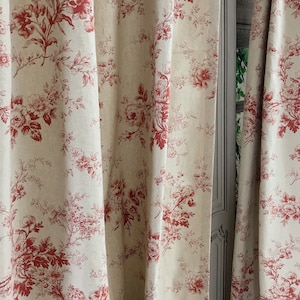 Modern Vintage Red Floral Pattern Bio Washed Linen Cotton Curtain Raw Natural Linen Background Drapery Panel 53 Width Various Custom Lengths image 2
