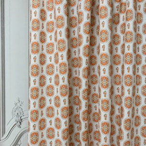 Modern Vintage Terracotta Orange Floral Pattern Linen Cotton Curtain Light Beige Background Drapery 53 Width Various Lengths Custom Drapes