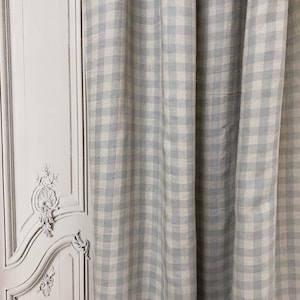 Modern Vintage Light Mint Gray Plaid Linen Curtain Dark Shade Natural Beige Background Drapery Panel 55 Width Various Lengths Custom Drapes