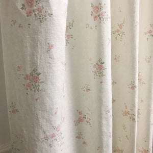 Modern Vintage Pink Floral Pattern Ivory Washed Linen Cotton Curtain Ivory Background Drapery Panel 53 Width Various Lengths Custom Drapes