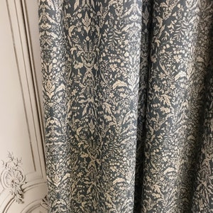 Modern Vintage Beige Floral Pattern Washed Linen Cotton Curtain Faded Indigo Blue Background Drapery Panel 53 Width Various Custom Lengths