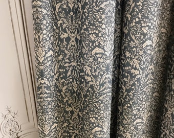Modern Vintage Beige Floral Pattern Washed Linen Cotton Curtain Faded Indigo Blue Background Drapery Panel 53 Width Various Custom Lengths