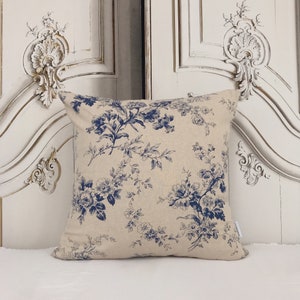 Modern Vintage Navy Blue Floral Pattern Dark Beige Background Washed Linen Cotton Decorative Square Cushion Cover Pillow Case 18 20 26 in