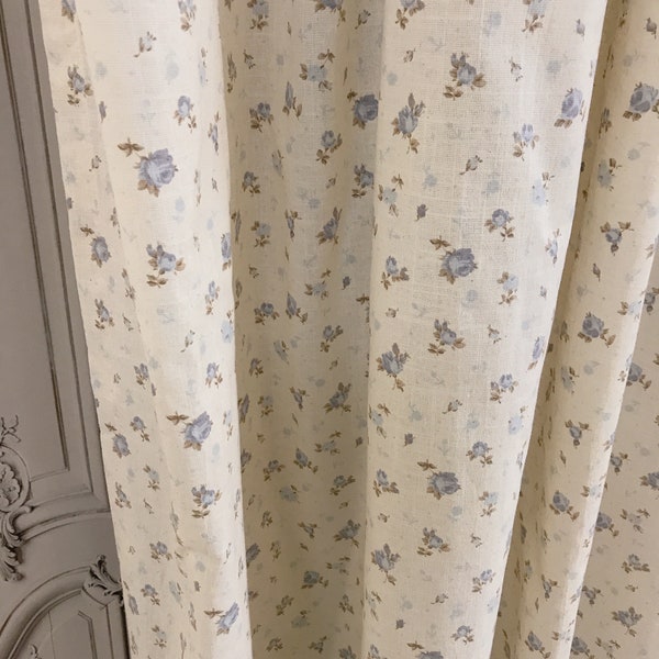 Modern Vintage Blue Purple Floral Pattern Washed Cotton Curtain Natural Beige Background Drapery Panel 53Width Various Lengths Custom Drapes